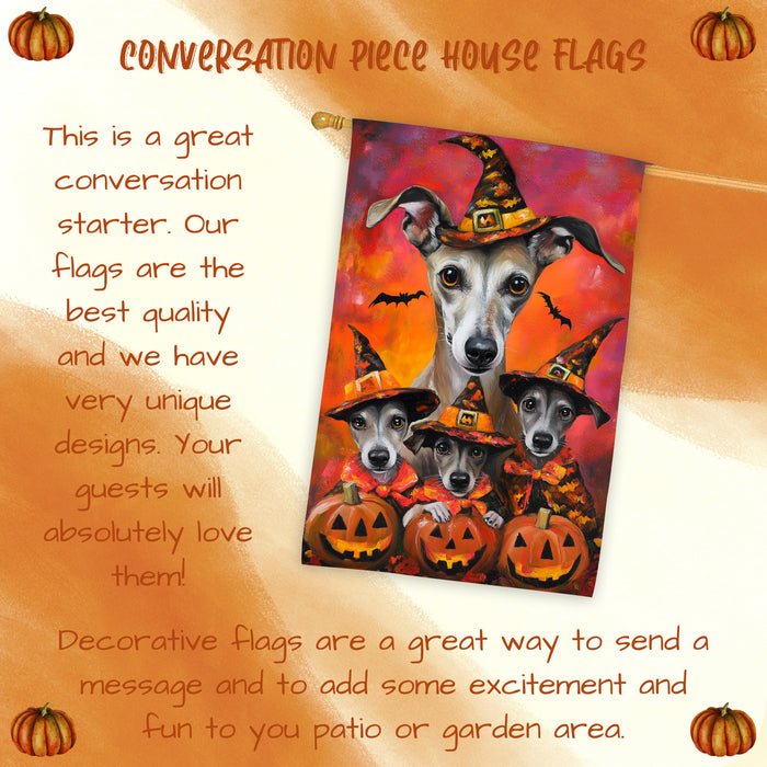 Greyhound Dog Halloween House Flag Witch Costume Pumpkin Fall Outdoor Decor for Porch Garden and Lawn Rustic Autumn Farmhouse Holiday Decoration