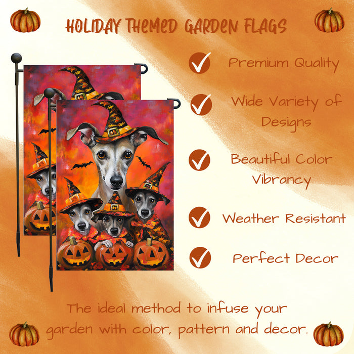 Greyhound Witch Costume with Pumpkins Dog Halloween Garden Flag Outdoor Autumn Farmhouse Lawn and Yard Decor for Grandma Garden Pathway Party