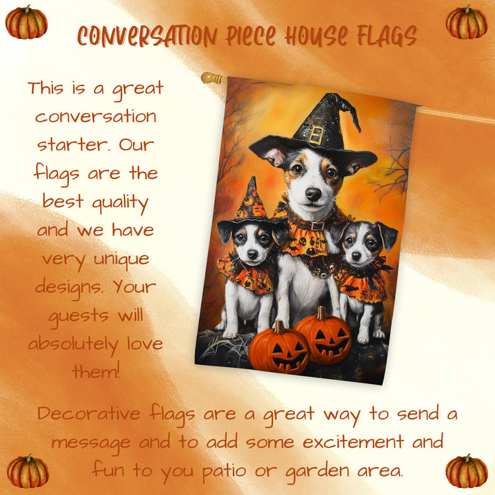 Jack Russell Dog Halloween House Flag Witch Hat Pumpkin Fall Outdoor Decor for Porch Garden and Lawn Rustic Autumn Holiday Home Decoration