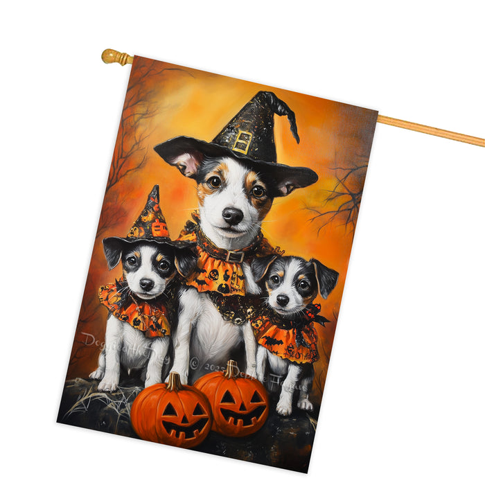 Jack Russell Dog Halloween House Flag Witch Hat Pumpkin Fall Outdoor Decor for Porch Garden and Lawn Rustic Autumn Holiday Home Decoration