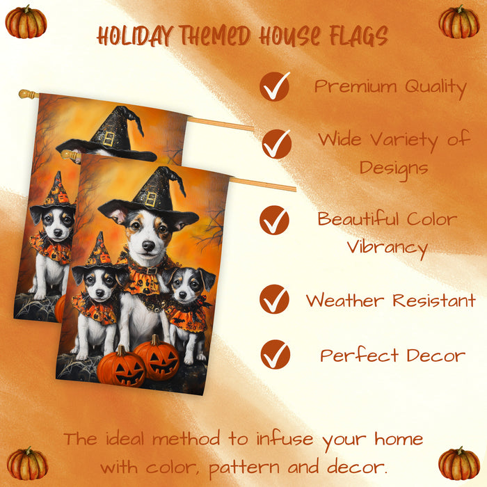 Jack Russell Dog Halloween House Flag Witch Hat Pumpkin Fall Outdoor Decor for Porch Garden and Lawn Rustic Autumn Holiday Home Decoration