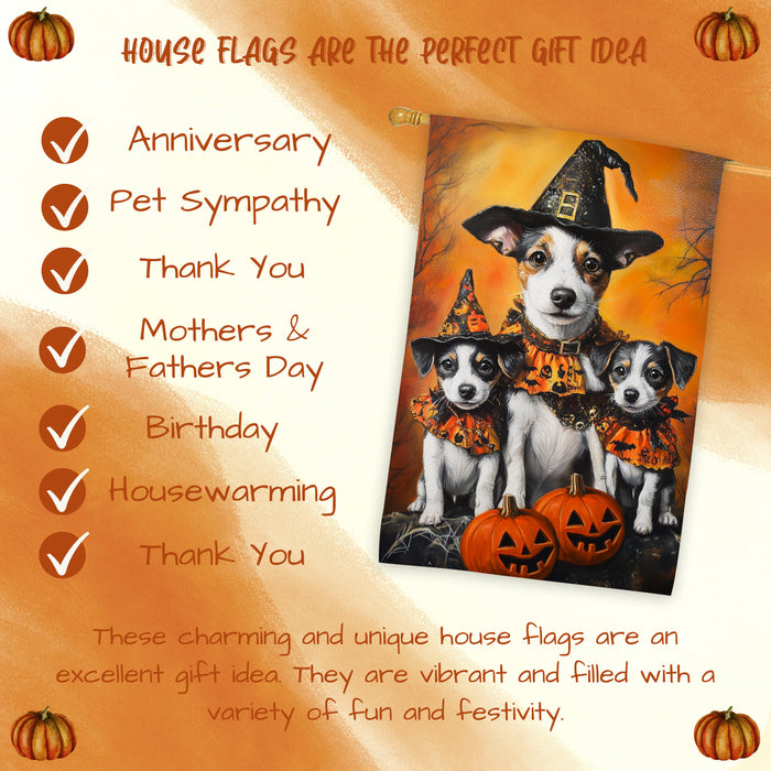 Jack Russell Dog Halloween House Flag Witch Hat Pumpkin Fall Outdoor Decor for Porch Garden and Lawn Rustic Autumn Holiday Home Decoration