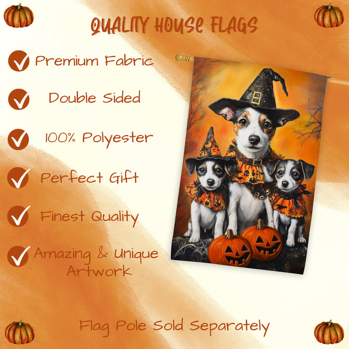 Jack Russell Dog Halloween House Flag Witch Hat Pumpkin Fall Outdoor Decor for Porch Garden and Lawn Rustic Autumn Holiday Home Decoration