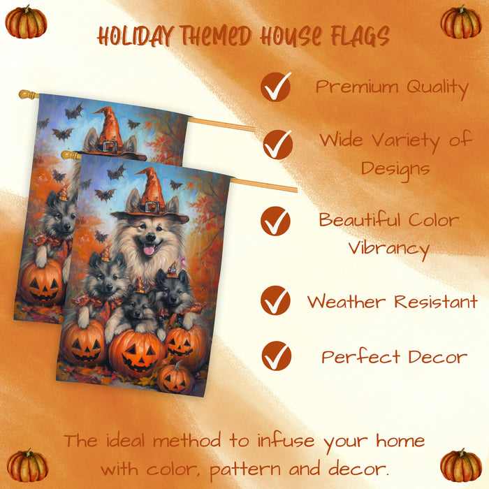 Keeshond Dog Halloween House Flag Witch Hat Pumpkin Fall Outdoor Decor for Porch Garden and Lawn Rustic Autumn Farmhouse Holiday Decoration
