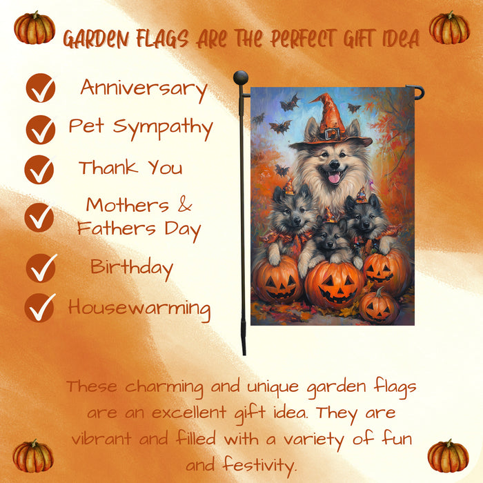 Keeshond Witch Hat Pumpkin Bat Halloween Garden Flag for Spooky Outdoor Decorations Autumn Farmhouse Garden Patio Seasonal Jack-O-Lantern Yard Decor