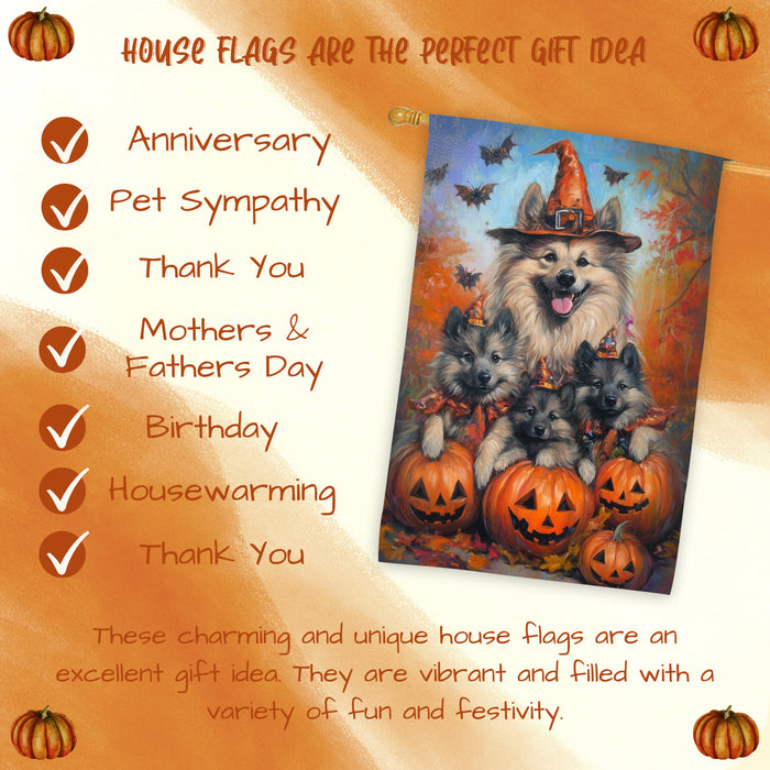 Keeshond Dog Halloween House Flag Witch Hat Pumpkin Fall Outdoor Decor for Porch Garden and Lawn Rustic Autumn Farmhouse Holiday Decoration