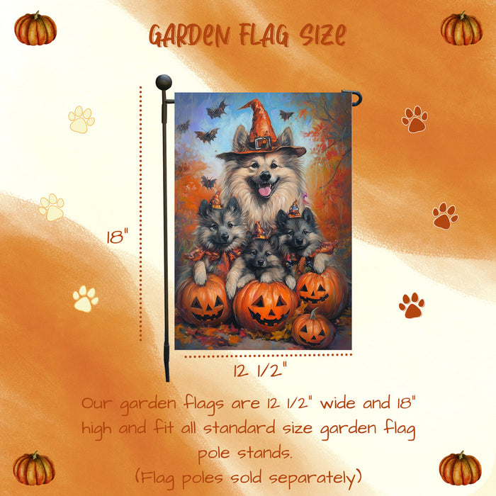 Keeshond Witch Hat Pumpkin Bat Halloween Garden Flag for Spooky Outdoor Decorations Autumn Farmhouse Garden Patio Seasonal Jack-O-Lantern Yard Decor