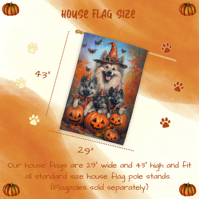 Keeshond Dog Halloween House Flag Witch Hat Pumpkin Fall Outdoor Decor for Porch Garden and Lawn Rustic Autumn Farmhouse Holiday Decoration