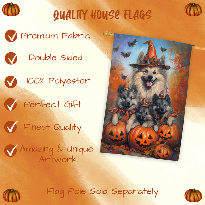Keeshond Dog Halloween House Flag Witch Hat Pumpkin Fall Outdoor Decor for Porch Garden and Lawn Rustic Autumn Farmhouse Holiday Decoration