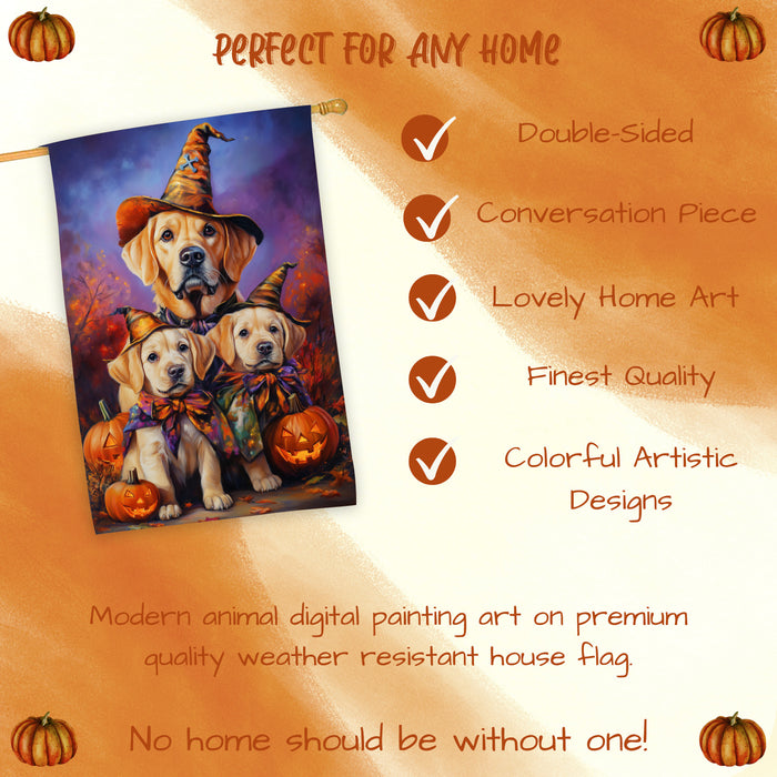 Labrador Dog Halloween House Flag Witch Hat Pumpkin Fall Outdoor Decor for Porch Garden and Lawn Rustic Autumn Farmhouse Holiday Decoration