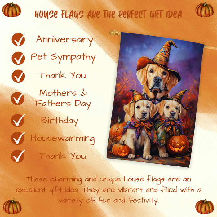 Labrador Dog Halloween House Flag Witch Hat Pumpkin Fall Outdoor Decor for Porch Garden and Lawn Rustic Autumn Farmhouse Holiday Decoration