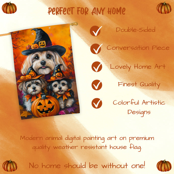 Lhasa Apso Dog Halloween House Flag Witch Hat Pumpkin Fall Outdoor Decor for Porch Garden and Lawn Rustic Autumn Farmhouse Holiday Decoration