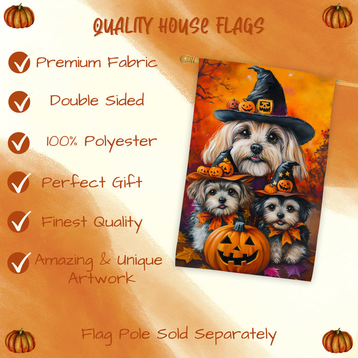 Lhasa Apso Dog Halloween House Flag Witch Hat Pumpkin Fall Outdoor Decor for Porch Garden and Lawn Rustic Autumn Farmhouse Holiday Decoration
