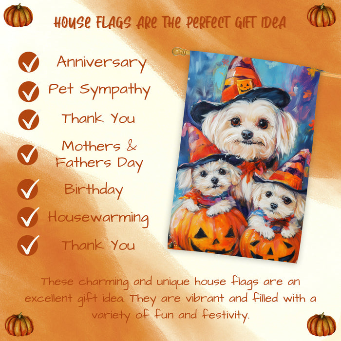 Maltese Dog Halloween House Flag Witch Hat Pumpkin Lantern Fall Outdoor Decor for Porch Garden and Lawn Rustic Autumn Farmhouse Holiday Decoration