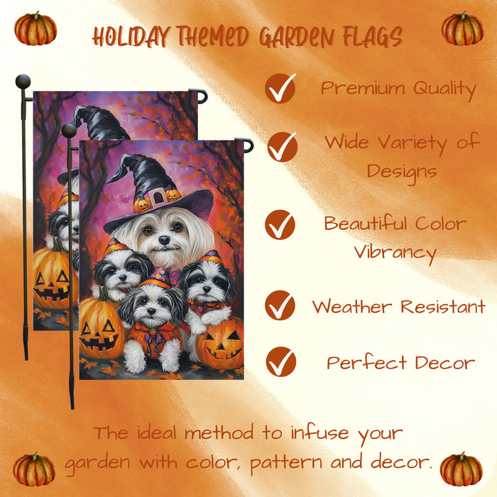 Halloween Garden Flag Malti Tzu Dog Pumpkin Witch Hat Pet Yard Flag for Fall Decor Porch Banner Spooky Holiday Seasonal Lawn Sign for Autumn Farmhouse