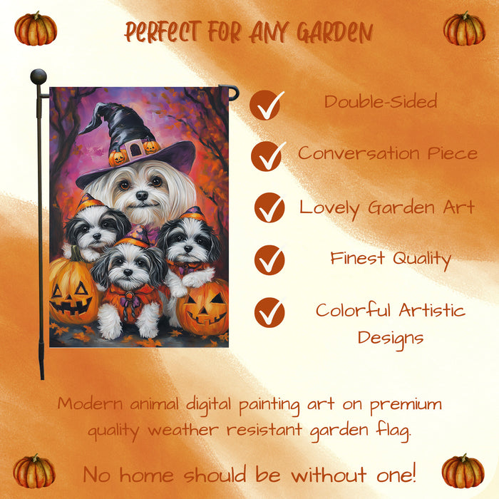Halloween Garden Flag Malti Tzu Dog Pumpkin Witch Hat Pet Yard Flag for Fall Decor Porch Banner Spooky Holiday Seasonal Lawn Sign for Autumn Farmhouse