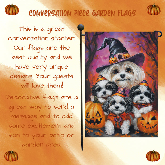 Halloween Garden Flag Malti Tzu Dog Pumpkin Witch Hat Pet Yard Flag for Fall Decor Porch Banner Spooky Holiday Seasonal Lawn Sign for Autumn Farmhouse