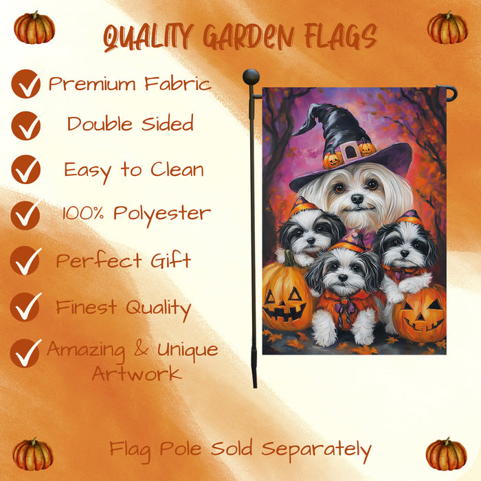 Halloween Garden Flag Malti Tzu Dog Pumpkin Witch Hat Pet Yard Flag for Fall Decor Porch Banner Spooky Holiday Seasonal Lawn Sign for Autumn Farmhouse
