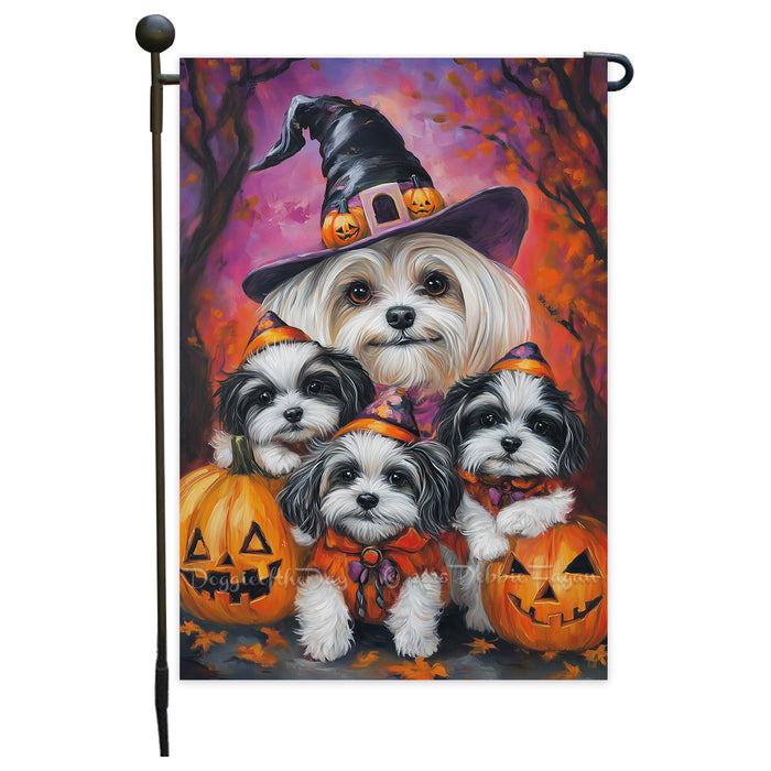 Halloween Garden Flag Malti Tzu Dog Pumpkin Witch Hat Pet Yard Flag for Fall Decor Porch Banner Spooky Holiday Seasonal Lawn Sign for Autumn Farmhouse