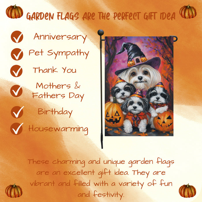 Halloween Garden Flag Malti Tzu Dog Pumpkin Witch Hat Pet Yard Flag for Fall Decor Porch Banner Spooky Holiday Seasonal Lawn Sign for Autumn Farmhouse