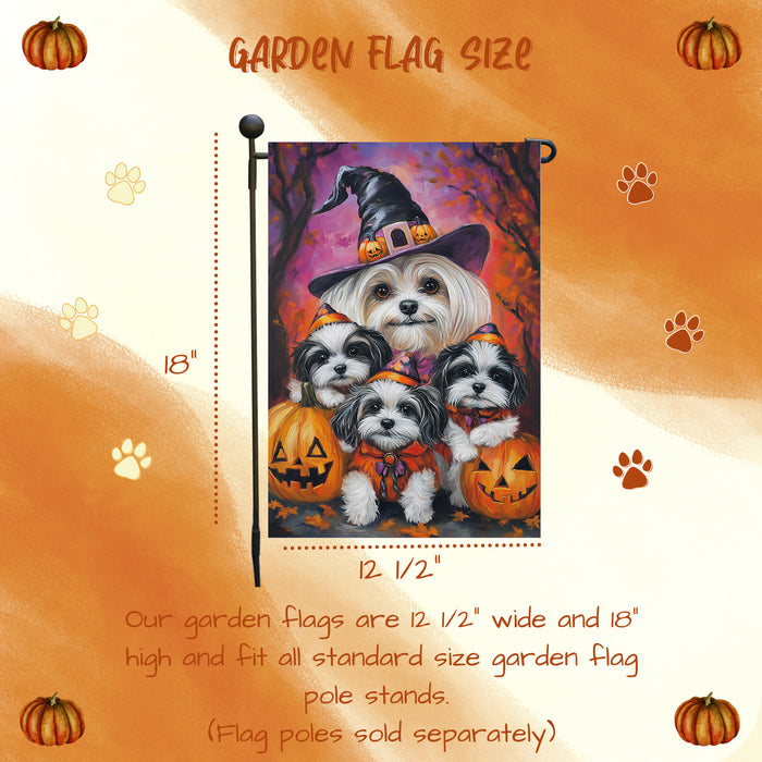 Halloween Garden Flag Malti Tzu Dog Pumpkin Witch Hat Pet Yard Flag for Fall Decor Porch Banner Spooky Holiday Seasonal Lawn Sign for Autumn Farmhouse