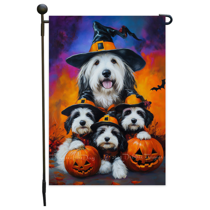 Old English Sheepdog Pumpkin Flag Witch Hat Fall Yard Decoration Spooky Bats Rustic Banner Outdoor Welcome Sign for Lawn Garden Party Fall Decor Halloween Mailbox Flag