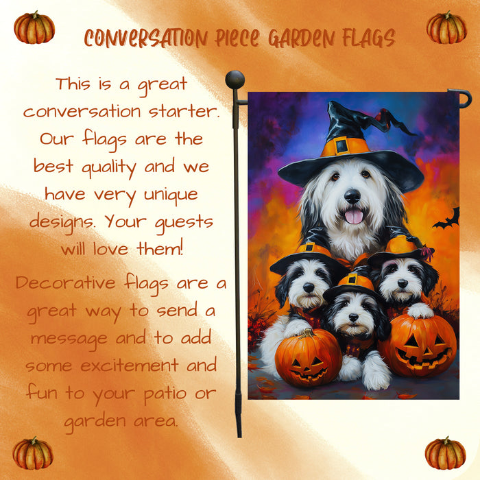 Old English Sheepdog Pumpkin Flag Witch Hat Fall Yard Decoration Spooky Bats Rustic Banner Outdoor Welcome Sign for Lawn Garden Party Fall Decor Halloween Mailbox Flag