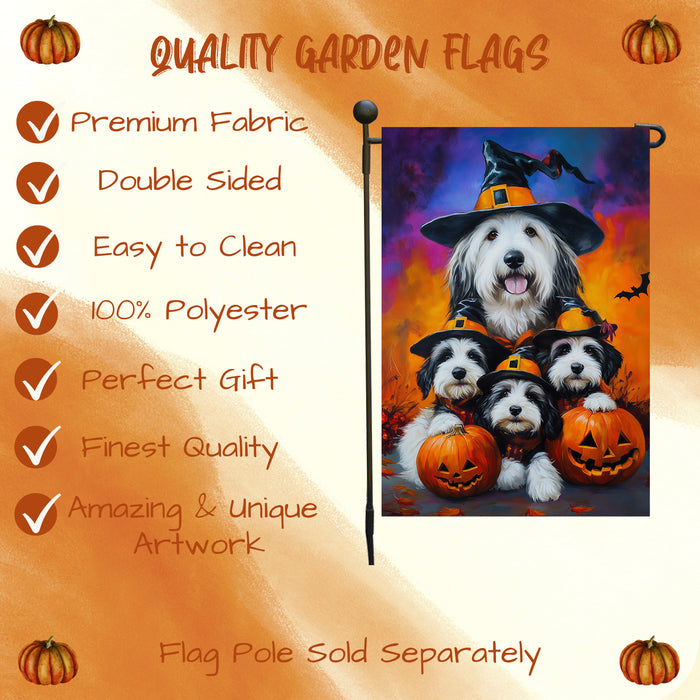 Old English Sheepdog Pumpkin Flag Witch Hat Fall Yard Decoration Spooky Bats Rustic Banner Outdoor Welcome Sign for Lawn Garden Party Fall Decor Halloween Mailbox Flag