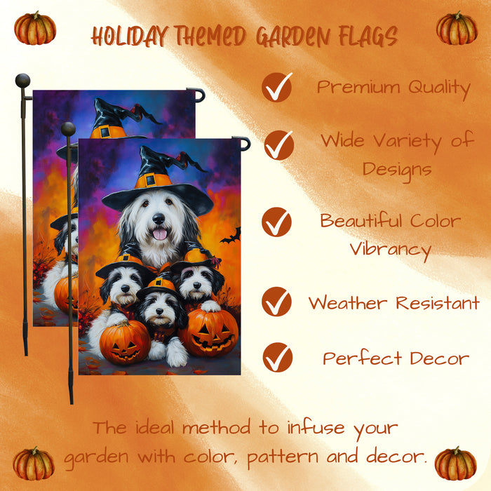 Old English Sheepdog Pumpkin Flag Witch Hat Fall Yard Decoration Spooky Bats Rustic Banner Outdoor Welcome Sign for Lawn Garden Party Fall Decor Halloween Mailbox Flag