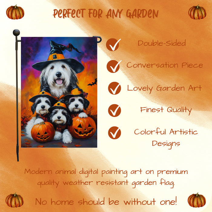 Old English Sheepdog Pumpkin Flag Witch Hat Fall Yard Decoration Spooky Bats Rustic Banner Outdoor Welcome Sign for Lawn Garden Party Fall Decor Halloween Mailbox Flag