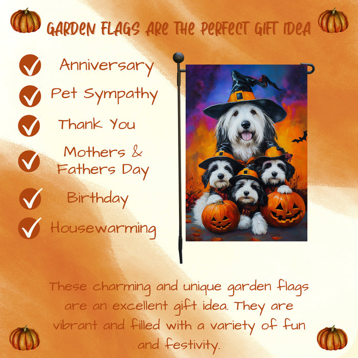 Old English Sheepdog Pumpkin Flag Witch Hat Fall Yard Decoration Spooky Bats Rustic Banner Outdoor Welcome Sign for Lawn Garden Party Fall Decor Halloween Mailbox Flag