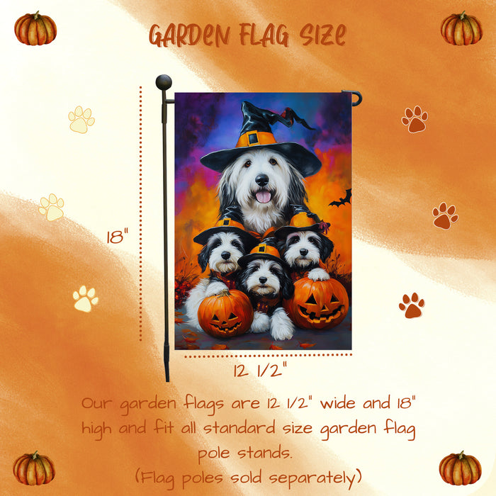 Old English Sheepdog Pumpkin Flag Witch Hat Fall Yard Decoration Spooky Bats Rustic Banner Outdoor Welcome Sign for Lawn Garden Party Fall Decor Halloween Mailbox Flag