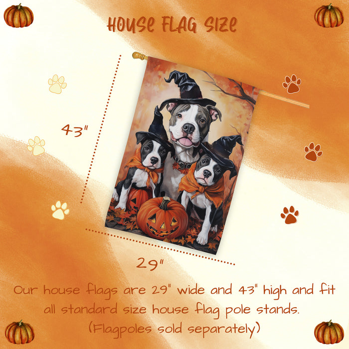 Pitbull Dog Halloween House Flag Witch Hat Pumpkin Fall Outdoor Decor for Porch Garden and Lawn Rustic Autumn Farmhouse Holiday Decoration