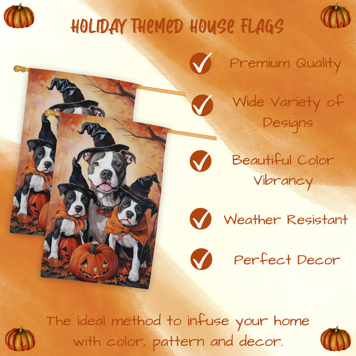 Pitbull Dog Halloween House Flag Witch Hat Pumpkin Fall Outdoor Decor for Porch Garden and Lawn Rustic Autumn Farmhouse Holiday Decoration