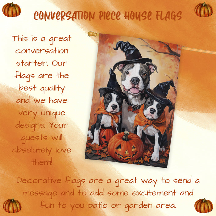 Pitbull Dog Halloween House Flag Witch Hat Pumpkin Fall Outdoor Decor for Porch Garden and Lawn Rustic Autumn Farmhouse Holiday Decoration