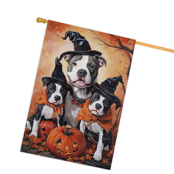 Pitbull Dog Halloween House Flag Witch Hat Pumpkin Fall Outdoor Decor for Porch Garden and Lawn Rustic Autumn Farmhouse Holiday Decoration