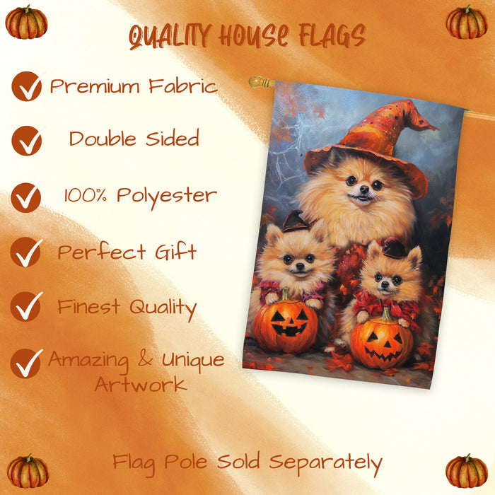 Pomeranian Dog Halloween House Flag Witch Hat Pumpkin Fall Outdoor Decor for Porch Garden and Lawn Rustic Autumn Farmhouse Holiday Decoration