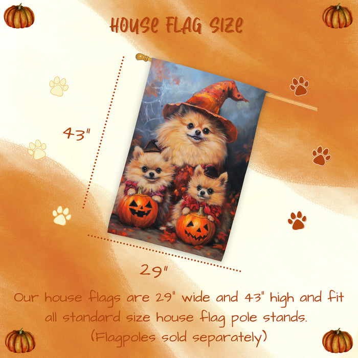Pomeranian Dog Halloween House Flag Witch Hat Pumpkin Fall Outdoor Decor for Porch Garden and Lawn Rustic Autumn Farmhouse Holiday Decoration