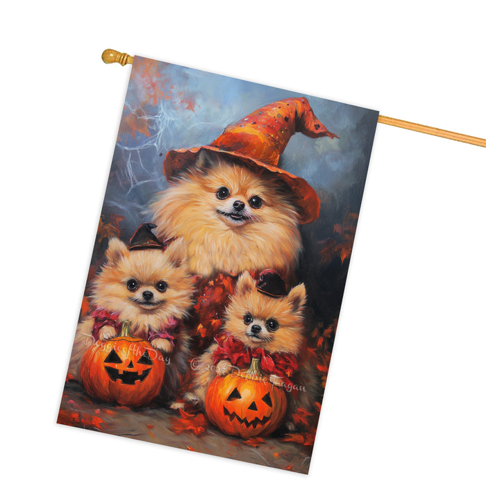 Pomeranian Dog Halloween House Flag Witch Hat Pumpkin Fall Outdoor Decor for Porch Garden and Lawn Rustic Autumn Farmhouse Holiday Decoration
