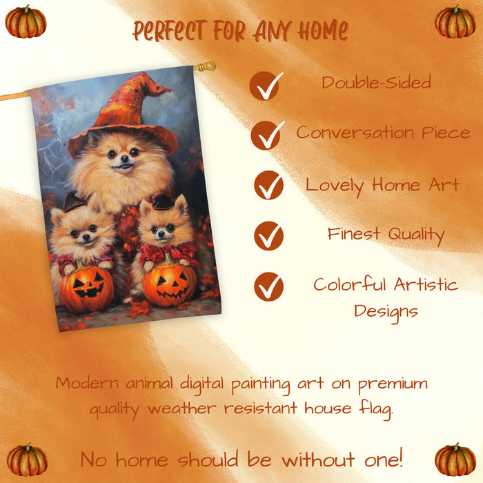 Pomeranian Dog Halloween House Flag Witch Hat Pumpkin Fall Outdoor Decor for Porch Garden and Lawn Rustic Autumn Farmhouse Holiday Decoration