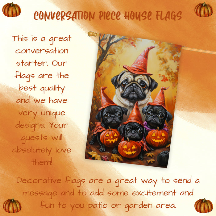 Pug Dog Halloween House Flag Witch Hat Pumpkin Fall Outdoor Decor for Porch Garden and Lawn Rustic Autumn Farmhouse Holiday Decoration
