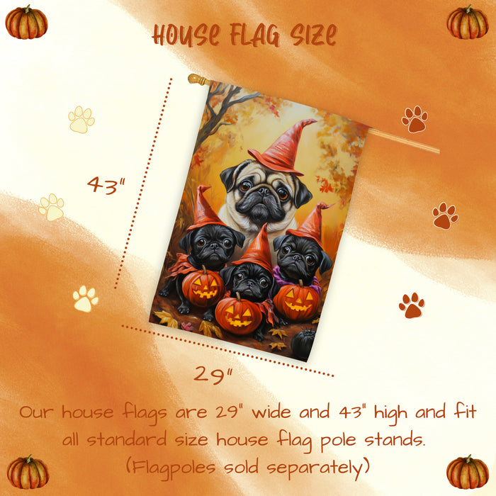 Pug Dog Halloween House Flag Witch Hat Pumpkin Fall Outdoor Decor for Porch Garden and Lawn Rustic Autumn Farmhouse Holiday Decoration