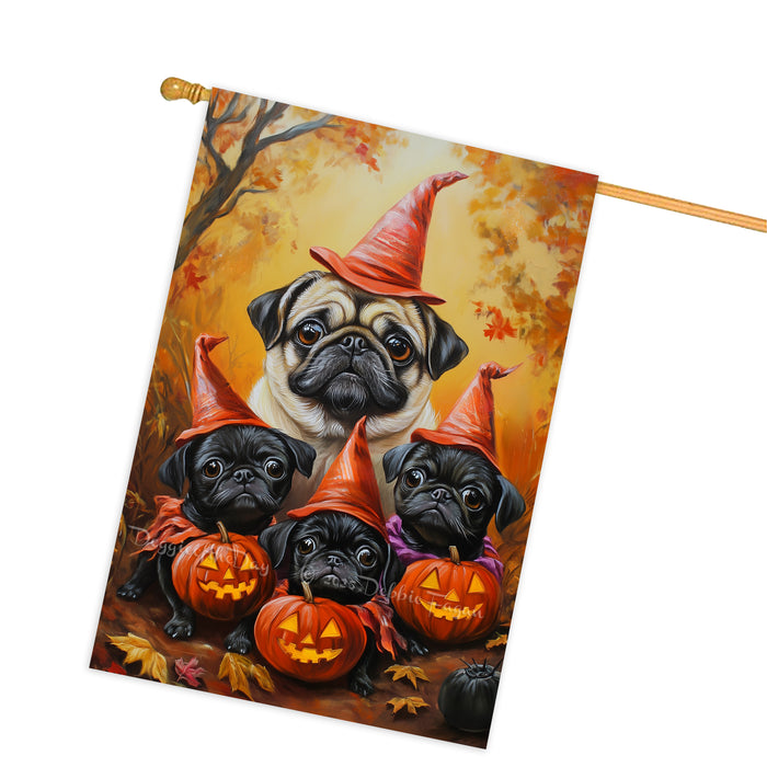 Pug Dog Halloween House Flag Witch Hat Pumpkin Fall Outdoor Decor for Porch Garden and Lawn Rustic Autumn Farmhouse Holiday Decoration