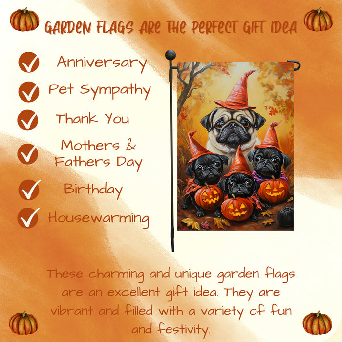 Pug Halloween Puppy Pumpkin Witch Hat Garden Flag Holiday Banner Flag for Fall Outdoor Spooky Fall Yard Decorations for Outdoor Porch Lawn Welcome Sign Holiday Banner