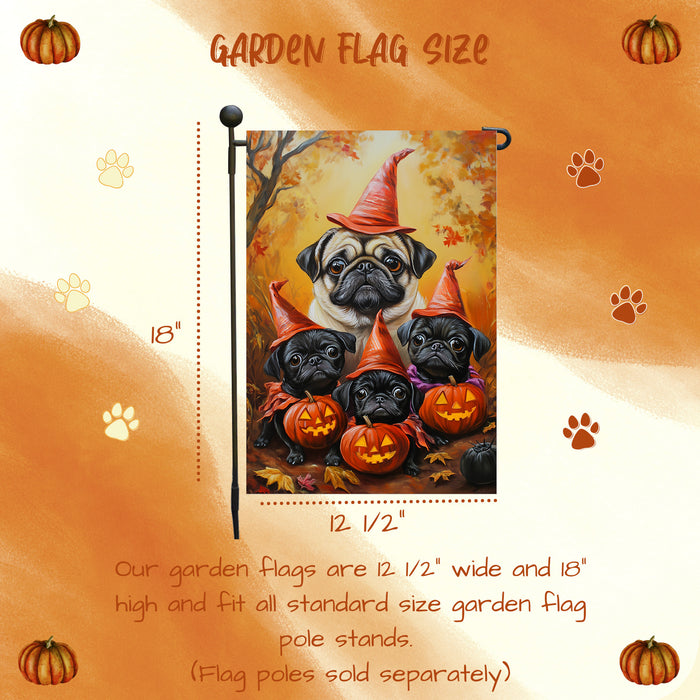 Pug Halloween Puppy Pumpkin Witch Hat Garden Flag Holiday Banner Flag for Fall Outdoor Spooky Fall Yard Decorations for Outdoor Porch Lawn Welcome Sign Holiday Banner