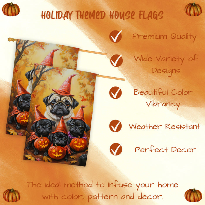 Pug Dog Halloween House Flag Witch Hat Pumpkin Fall Outdoor Decor for Porch Garden and Lawn Rustic Autumn Farmhouse Holiday Decoration