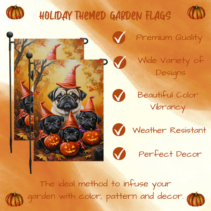 Pug Halloween Puppy Pumpkin Witch Hat Garden Flag Holiday Banner Flag for Fall Outdoor Spooky Fall Yard Decorations for Outdoor Porch Lawn Welcome Sign Holiday Banner