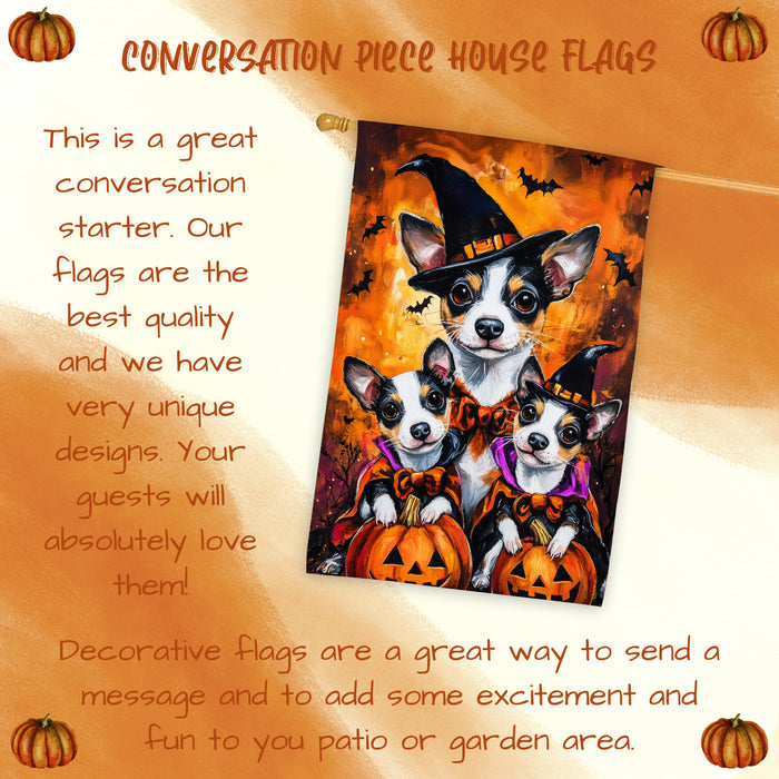 Rat Terrier Dog Halloween House Flag Witch Hat Pumpkin Fall Outdoor Decor for Porch Garden and Lawn Rustic Autumn Farmhouse Holiday Decoration