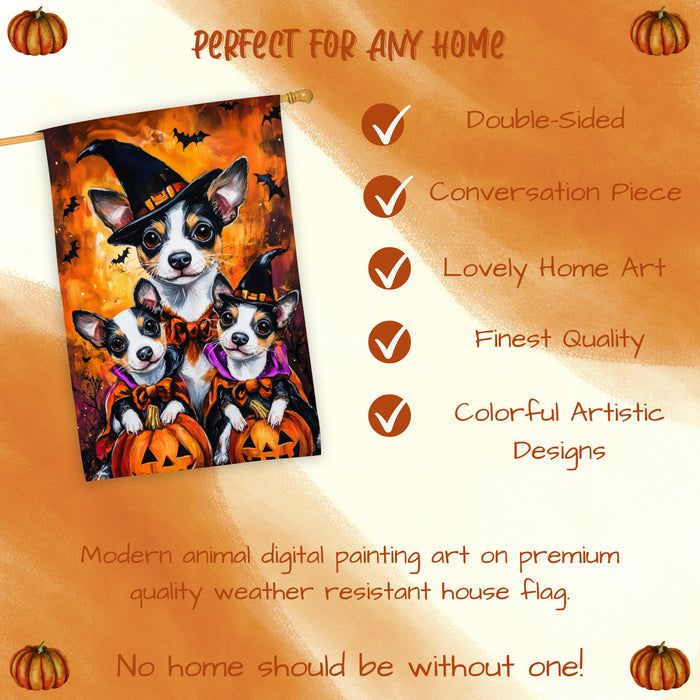 Rat Terrier Dog Halloween House Flag Witch Hat Pumpkin Fall Outdoor Decor for Porch Garden and Lawn Rustic Autumn Farmhouse Holiday Decoration