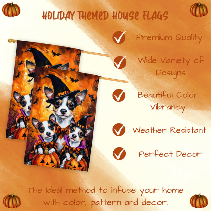 Rat Terrier Dog Halloween House Flag Witch Hat Pumpkin Fall Outdoor Decor for Porch Garden and Lawn Rustic Autumn Farmhouse Holiday Decoration